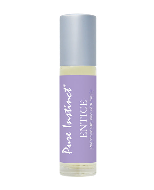 Perfume oil bottle labeled 'Pure Instinct Entice' on a white background
