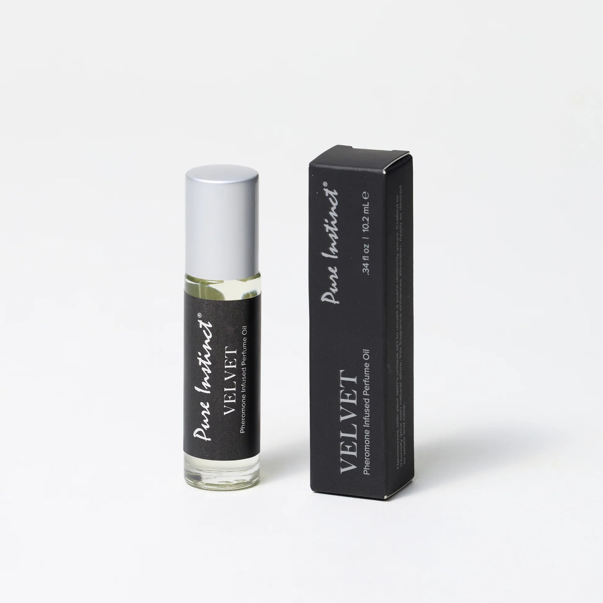 Roll-on bottle and black box labeled 'Velvet' on a white background