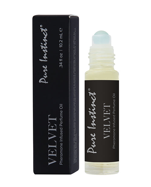 Pure Instinct Velvet rollerball and packaging on a white background