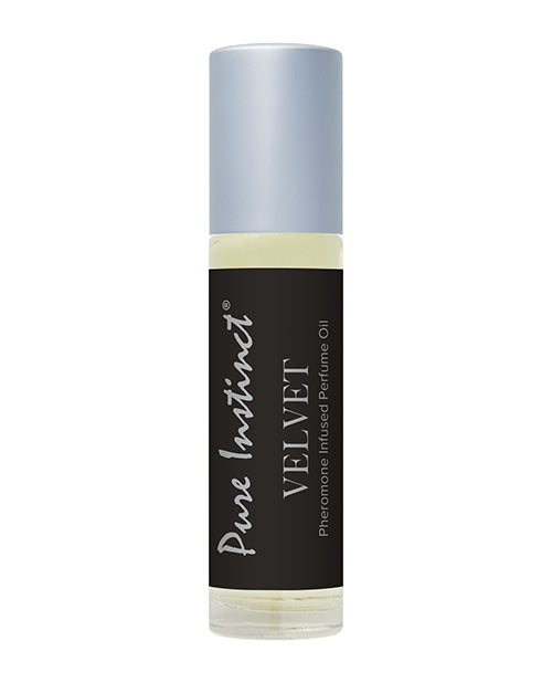 Perfume oil bottle with black label and light gray cap on a white background