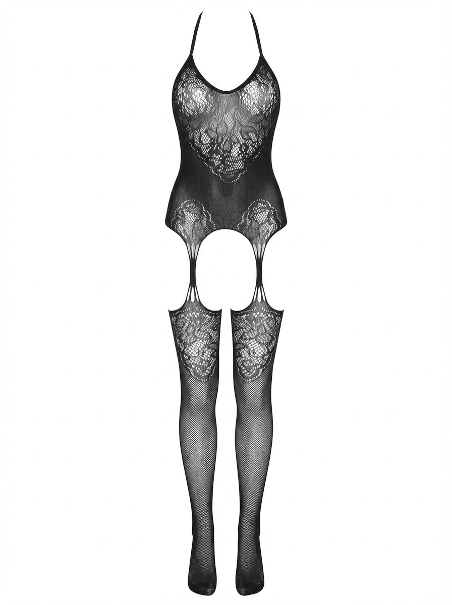 Black sheer lace and mesh bodystocking with thigh-high stockings, shown on a plain white background.