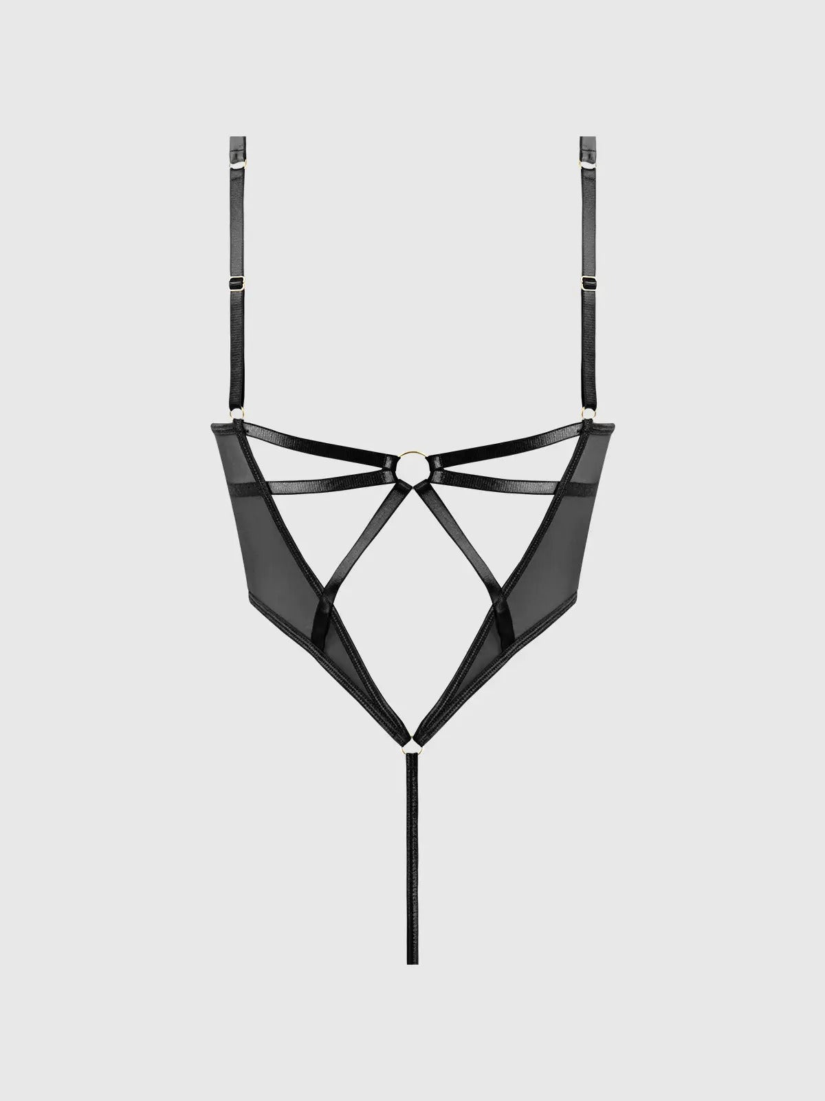 back view of  theRaquel Mesh & Silky Micro Bodysuit highlighting the satin cup panels and metal O-ring hardware.