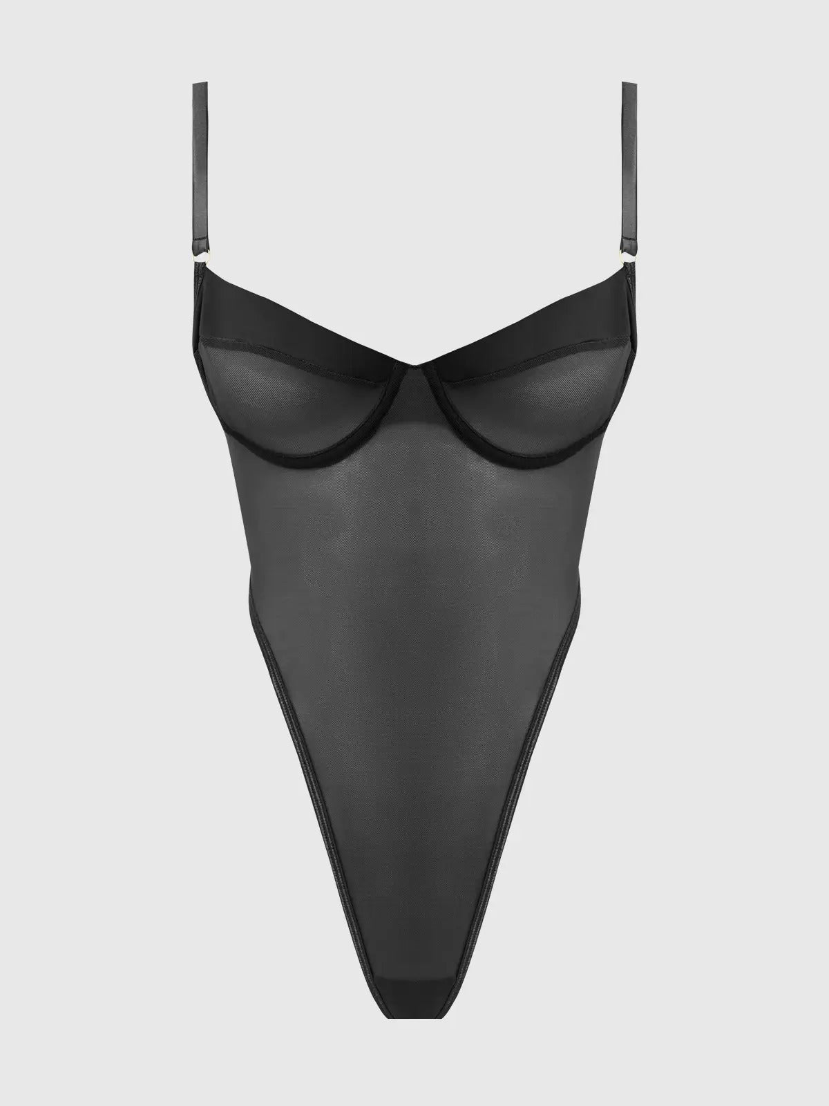 front view of the Raquel Mesh & Silky Micro Bodysuit highlighting the satin cup panels and metal O-ring hardware.