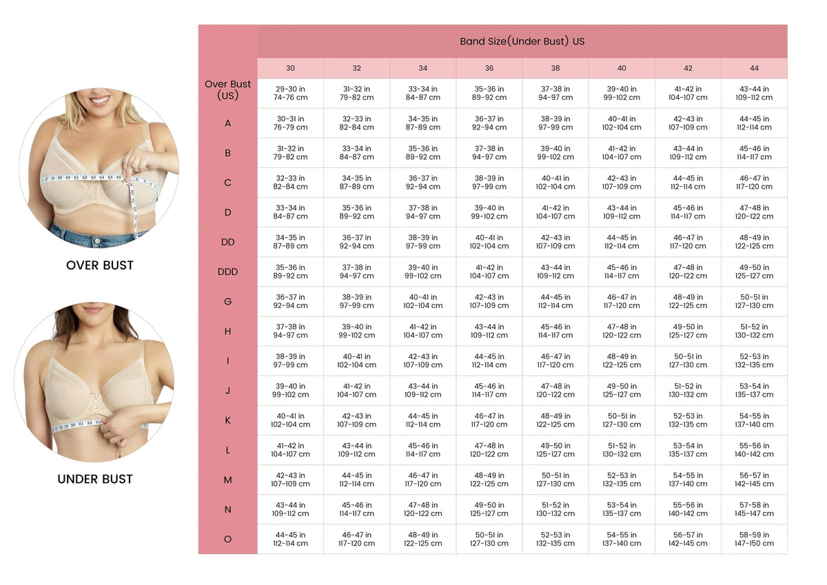 A size chart and measurement guide for clothing, showing a pink band size grid labeled for under bust and over bust measurements, with small inset photos of a woman measuring her bust.