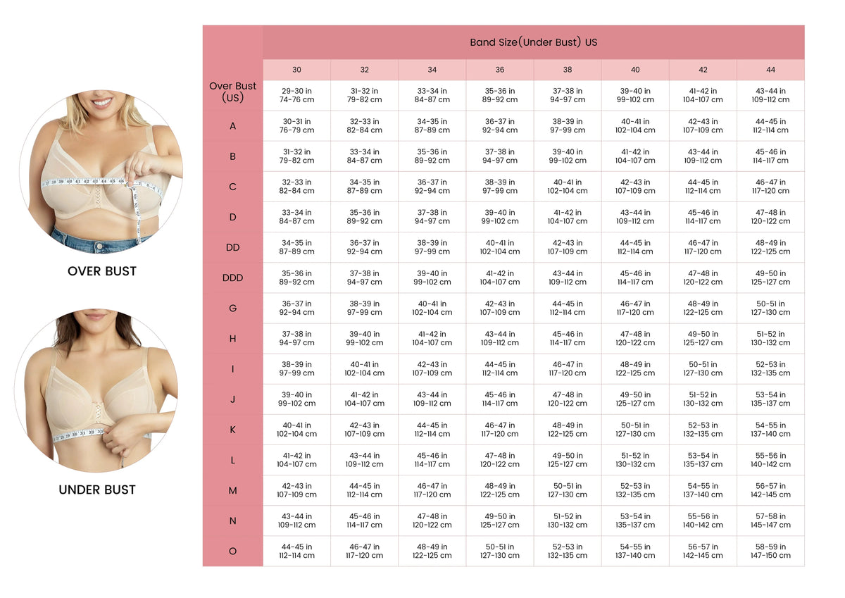 Measurement chart for over bust and under bust with illustrations of a woman wearing a bra.