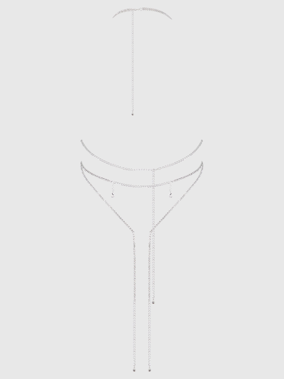 back view of a Sparkling rhinestone plunge teddy with cascading fringe and adjustable straps. Bold, glamorous, and designed to stand out.