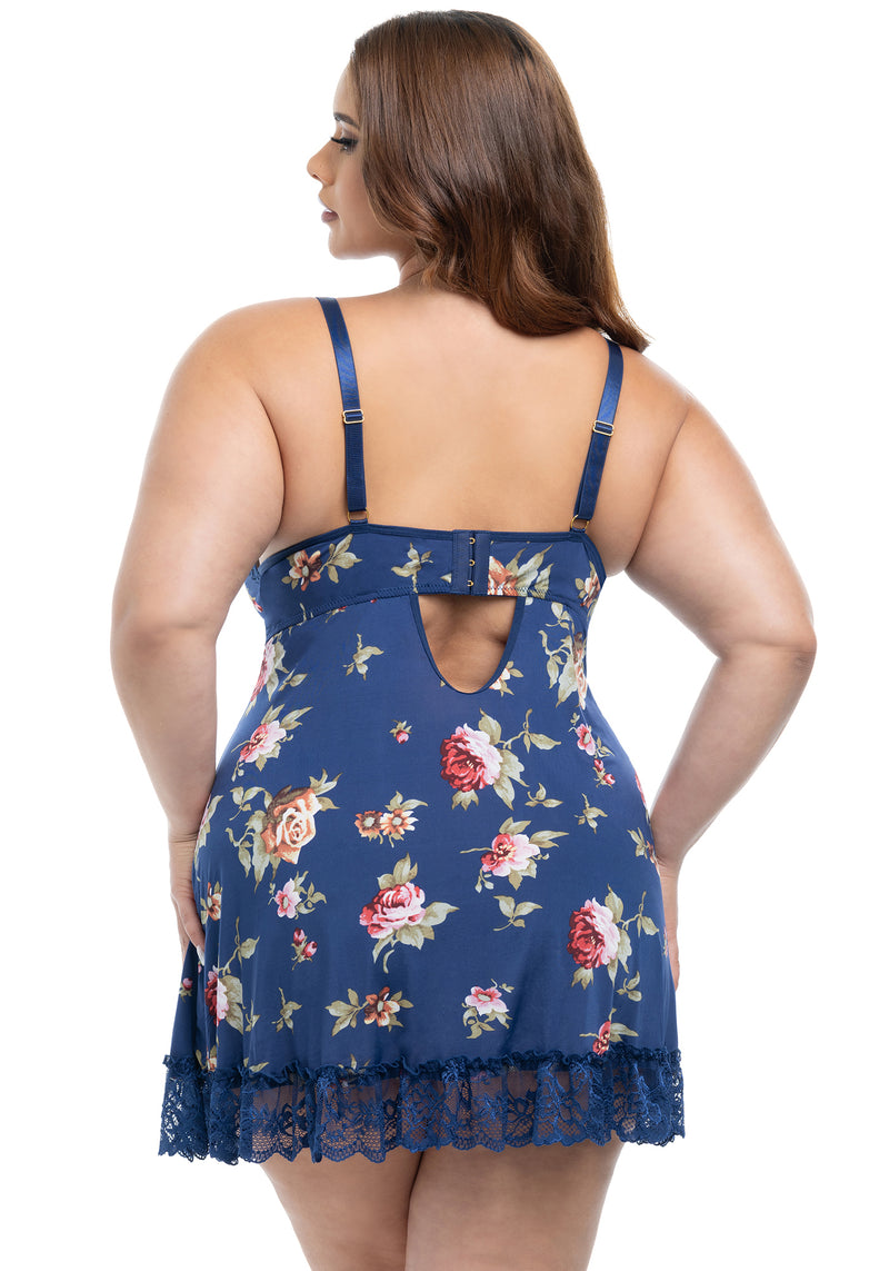 back view of a woman wearing the Reina Bra Lounge Set in blue floral.