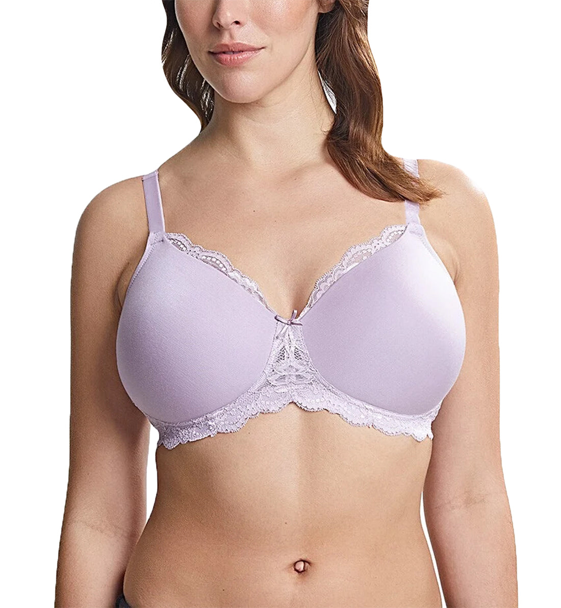 Woman wearing a light purple bra with lace details on a white background