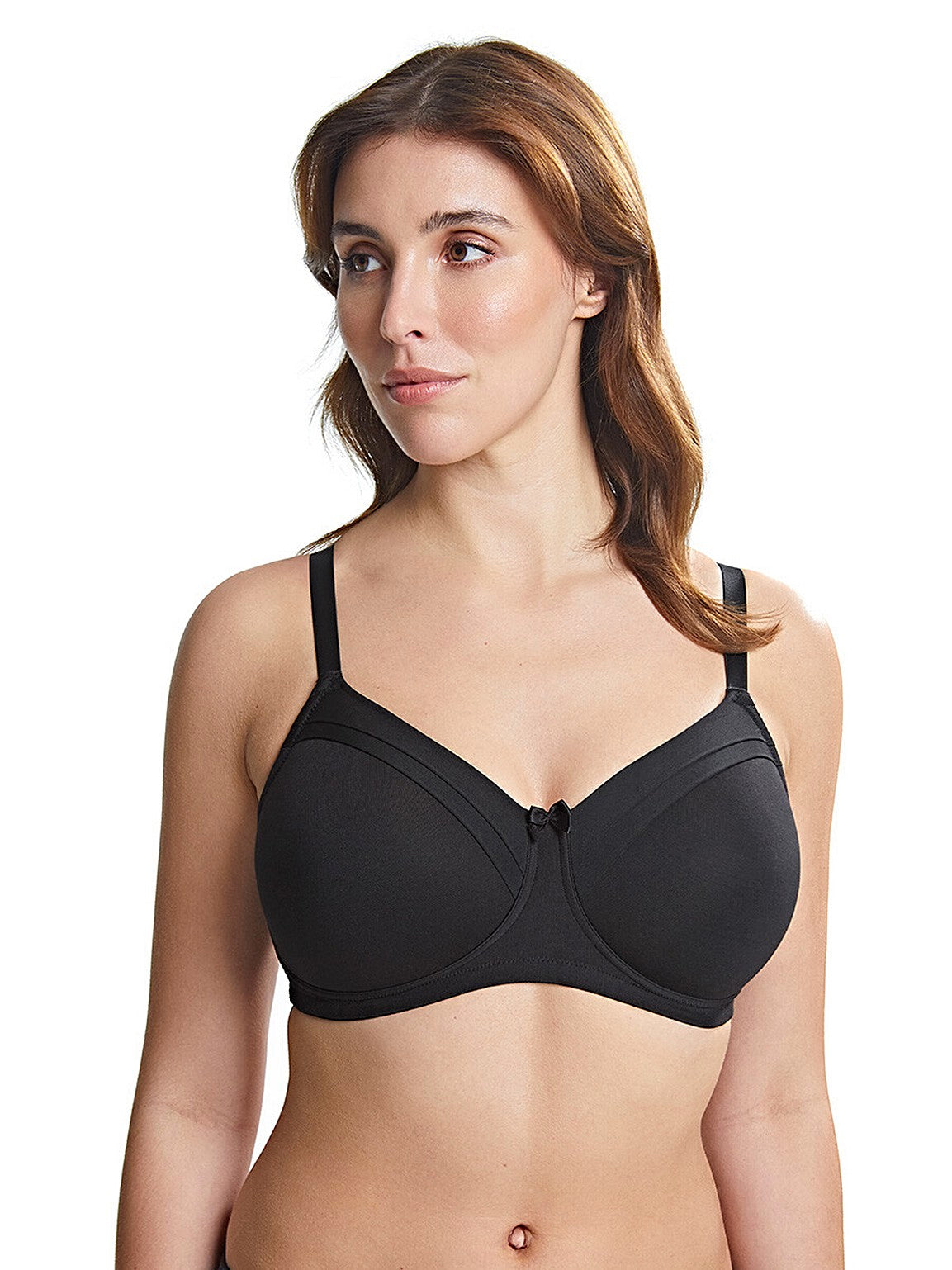 Front view in black. The Maisie CARESS Soft-Cup Bra offers both comfort and style, with a beautiful design including satin cuff detailing and a charming bow. 