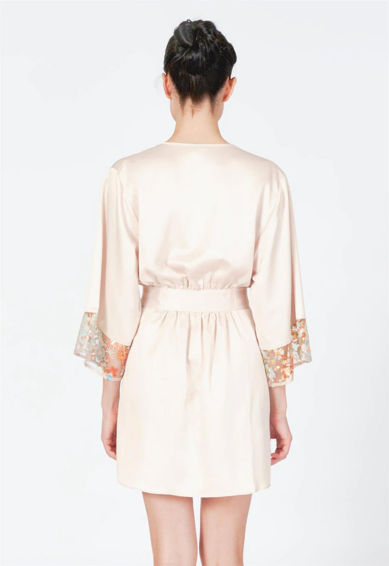 Beige dress with lace sleeves on a white background