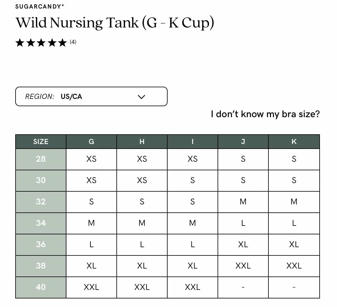 Cake Seamless Wild Nursing Tank Top Size Chart at Belle Lacet Lingerie