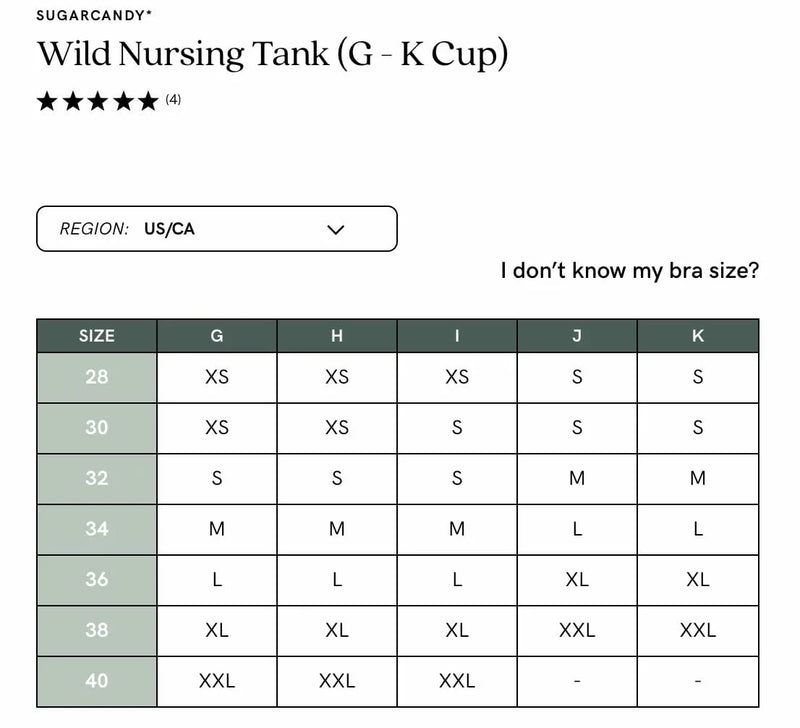 Cake Seamless Wild Nursing Tank Top Size Chart at Belle Lacet Lingerie