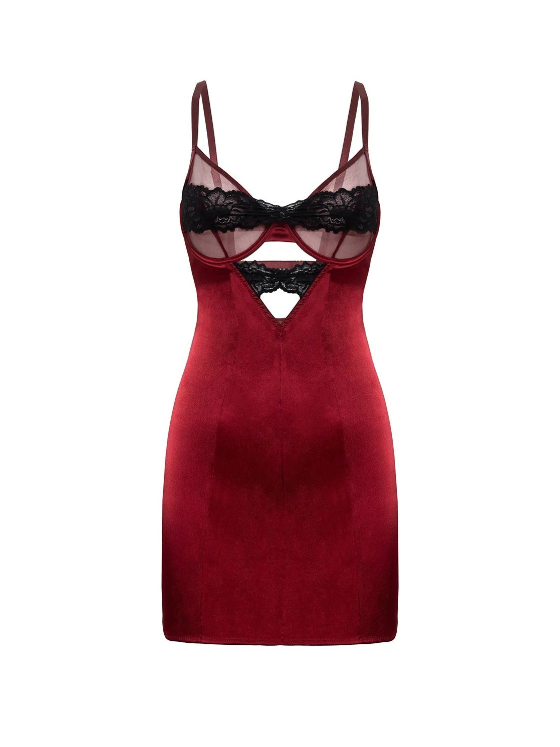 Red satin nightgown with black lace details on a white background