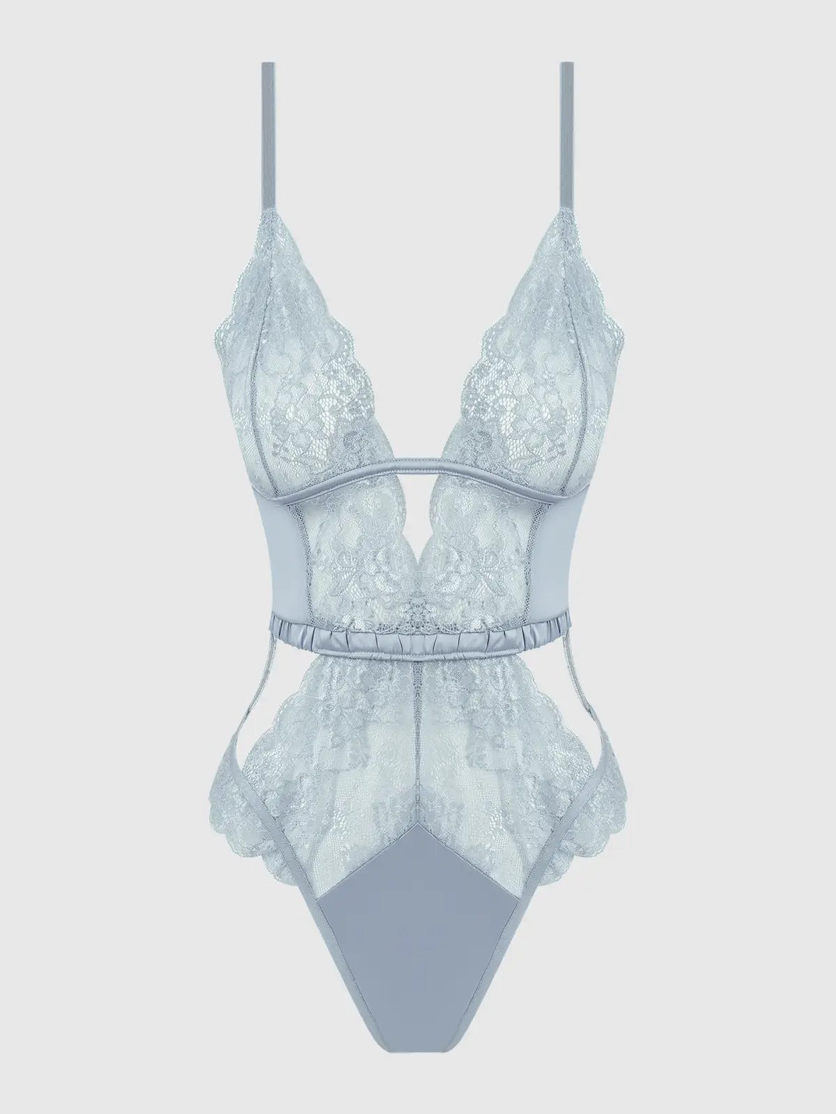 Light blue lace lingerie set on a white background