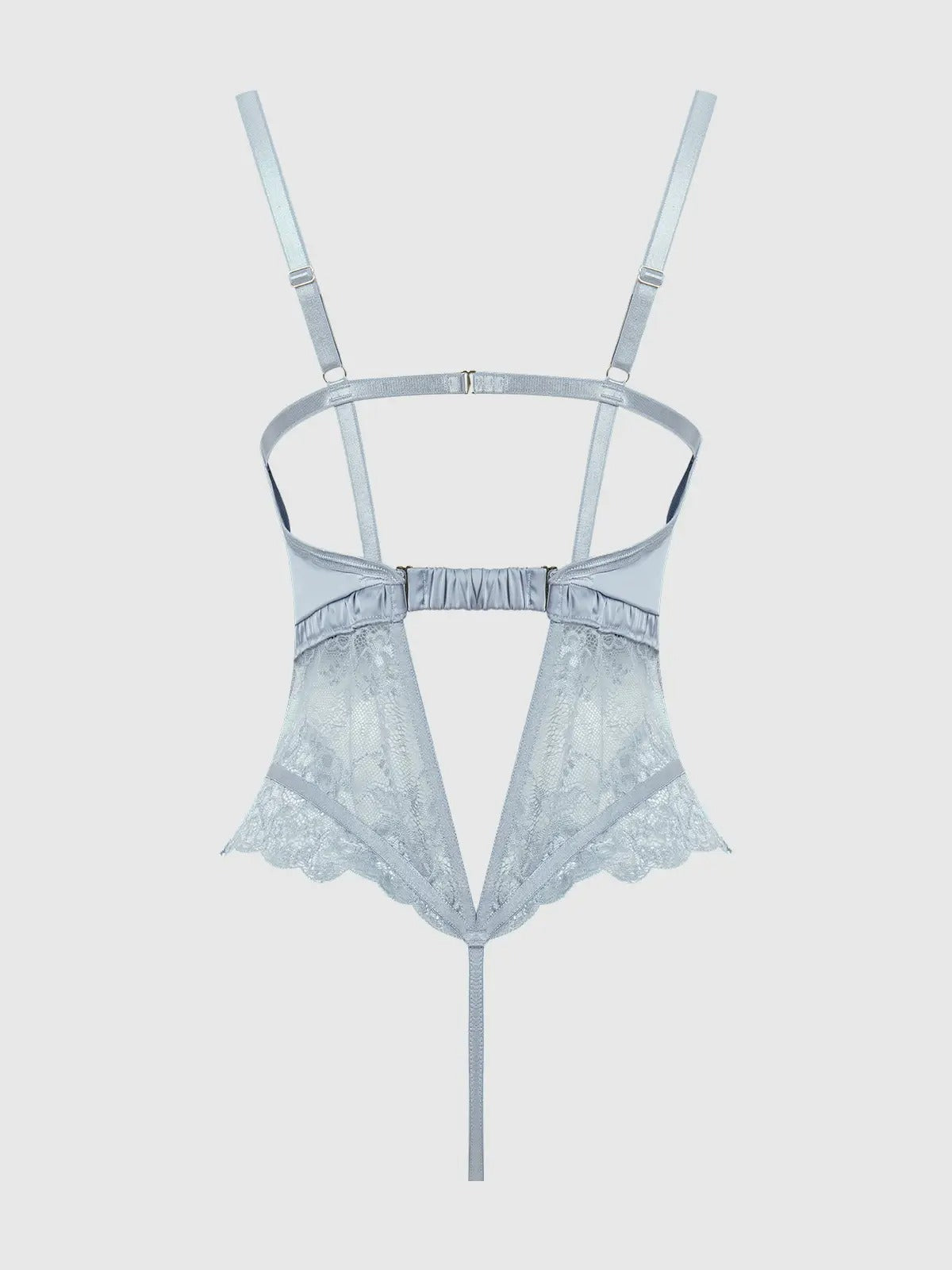 Light blue lace lingerie set on a light gray background