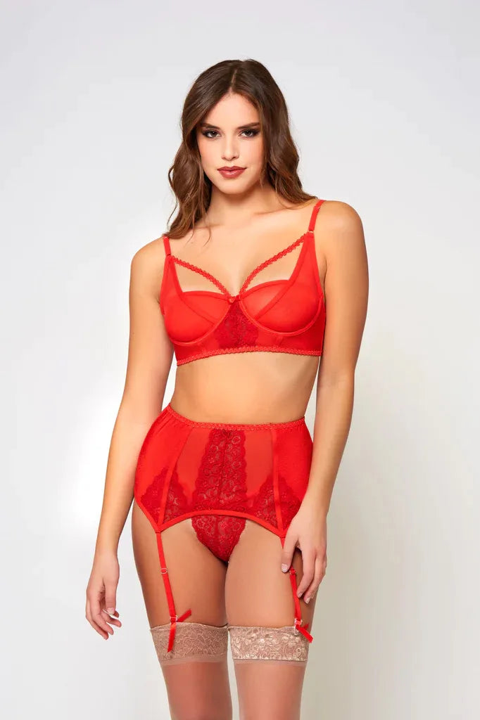 Strappy 3 piece Bra, Thong, and Garter Set at Belle Lacet Lingerie.
