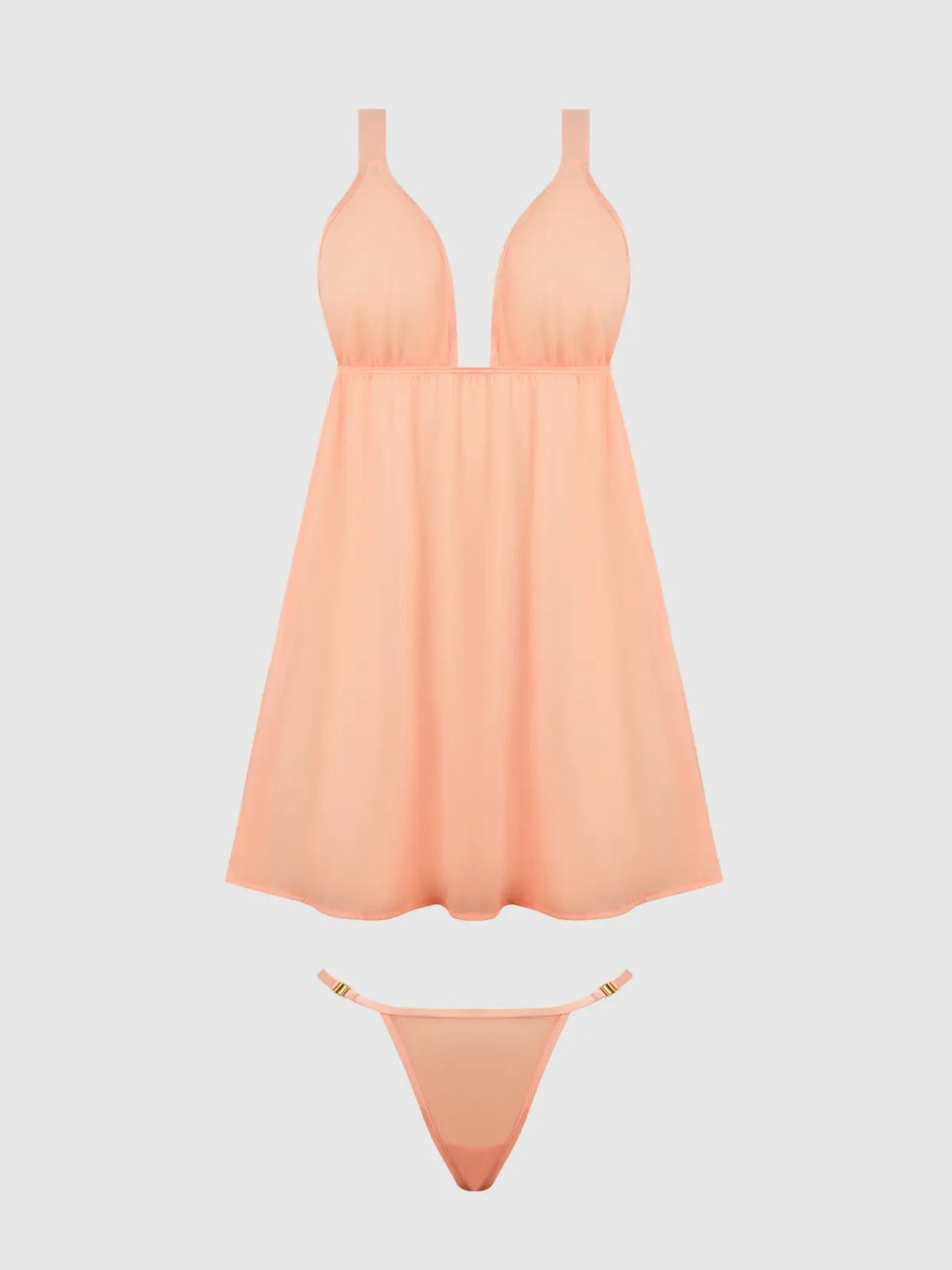 Peach-colored babydoll lingerie set on a white background