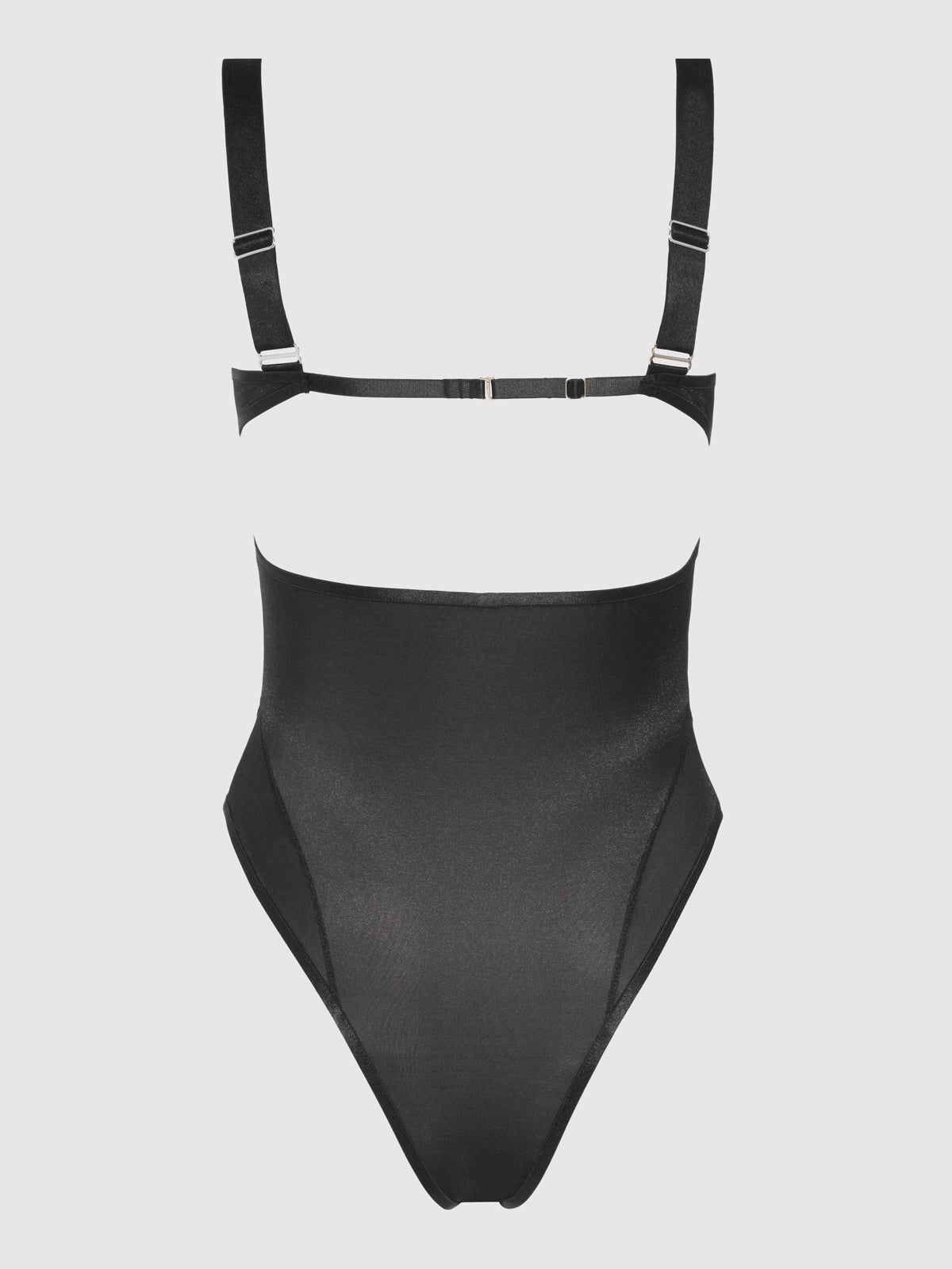back view of a Black bodysuit with suspenders on a light gray background