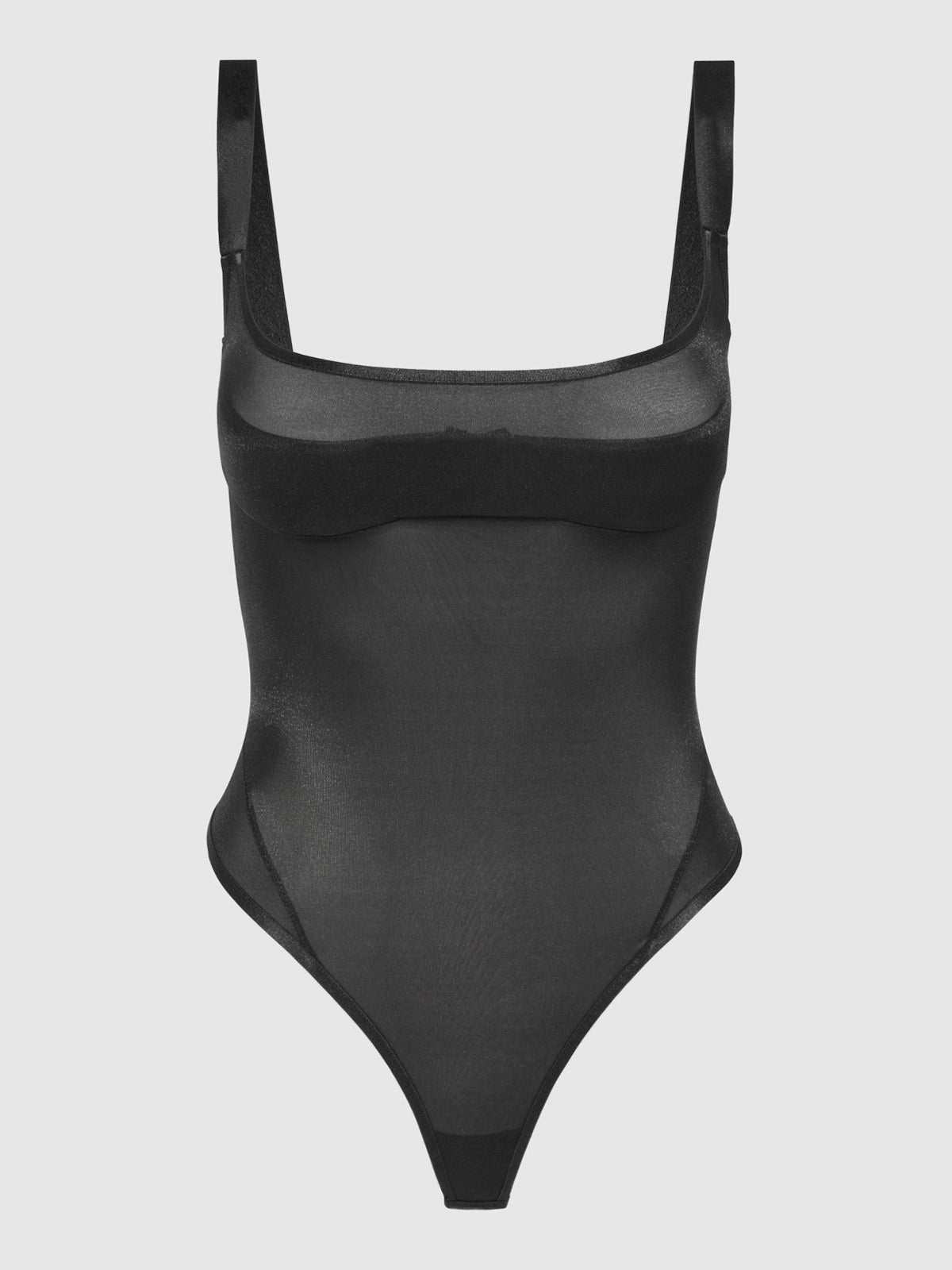 Black bodysuit with sheer straps on a light gray background