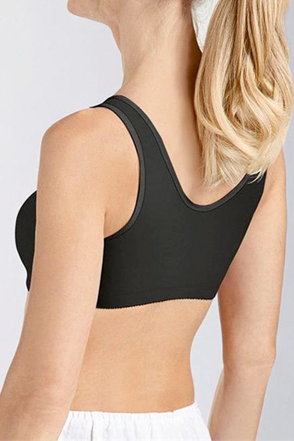 back view of a Woman wearing a black Amoena Frances Non-Wired Front Closure Bra featuring an easy front closure and supportive cups.