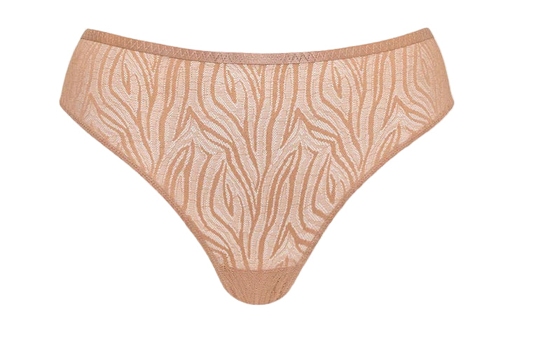 Beige lace bra and panties set on a beige background