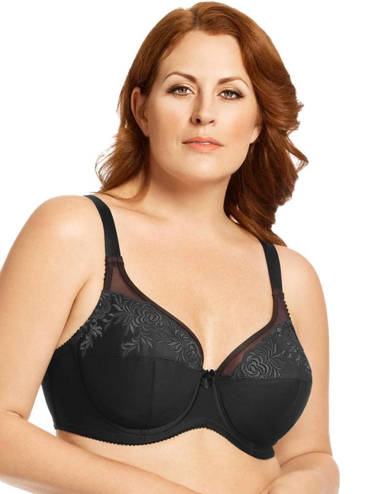Woman wearing a black bra with lace details on a white background