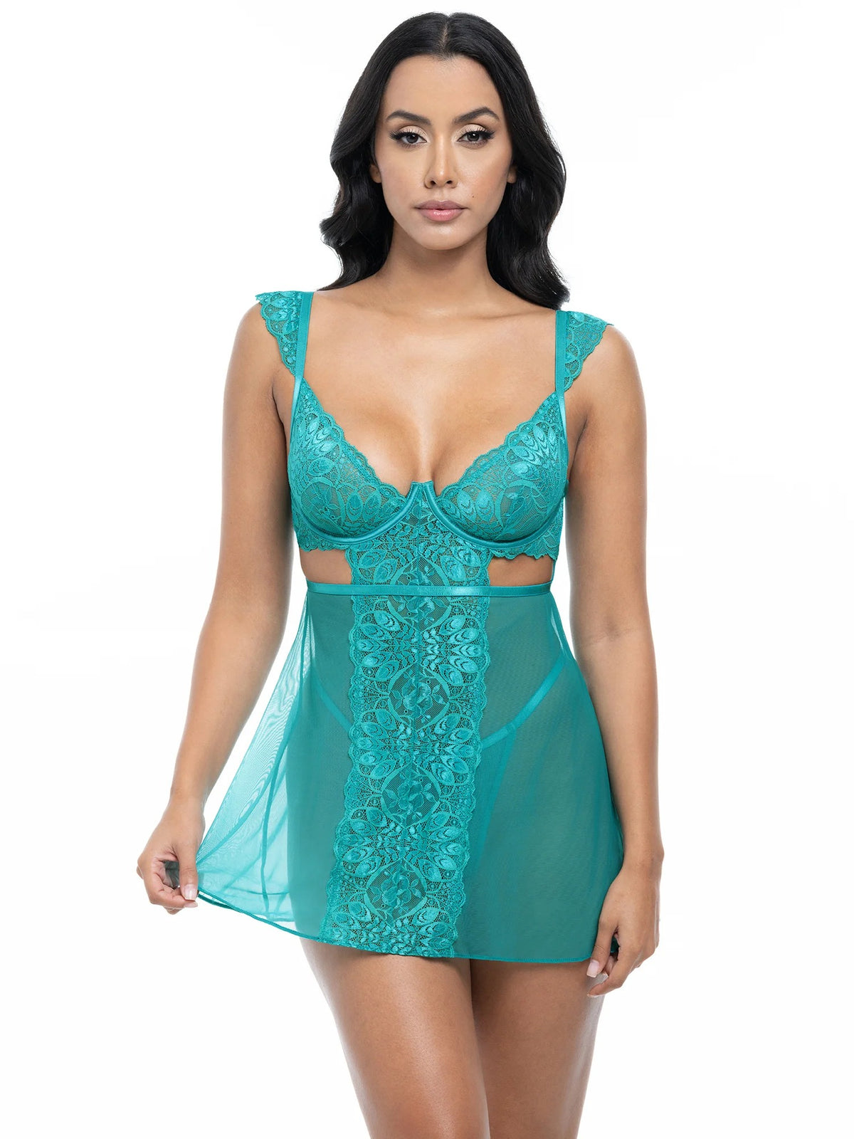Woman wearing a Farah Sheer Babydoll in tropical green with sheer mesh fabric and lace detailing.