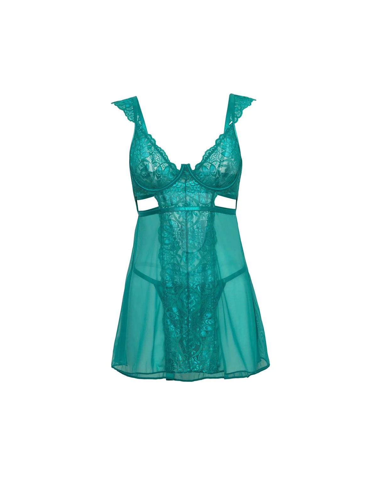 Farah Sheer Babydoll in tropical green highlighting lace inserts and underwire cup details.