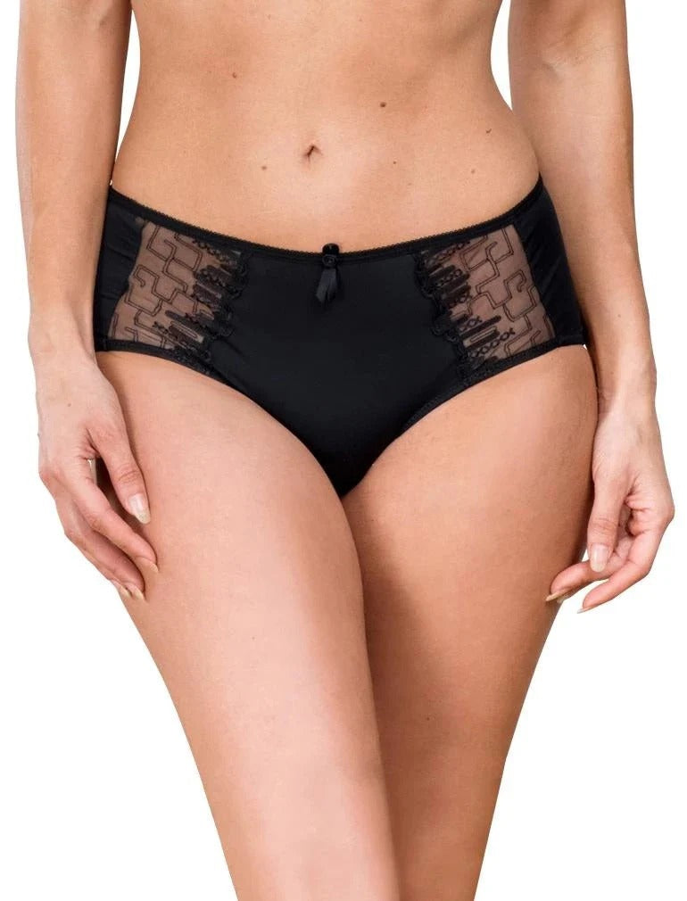 Black lace underwear worn by a model on a white background