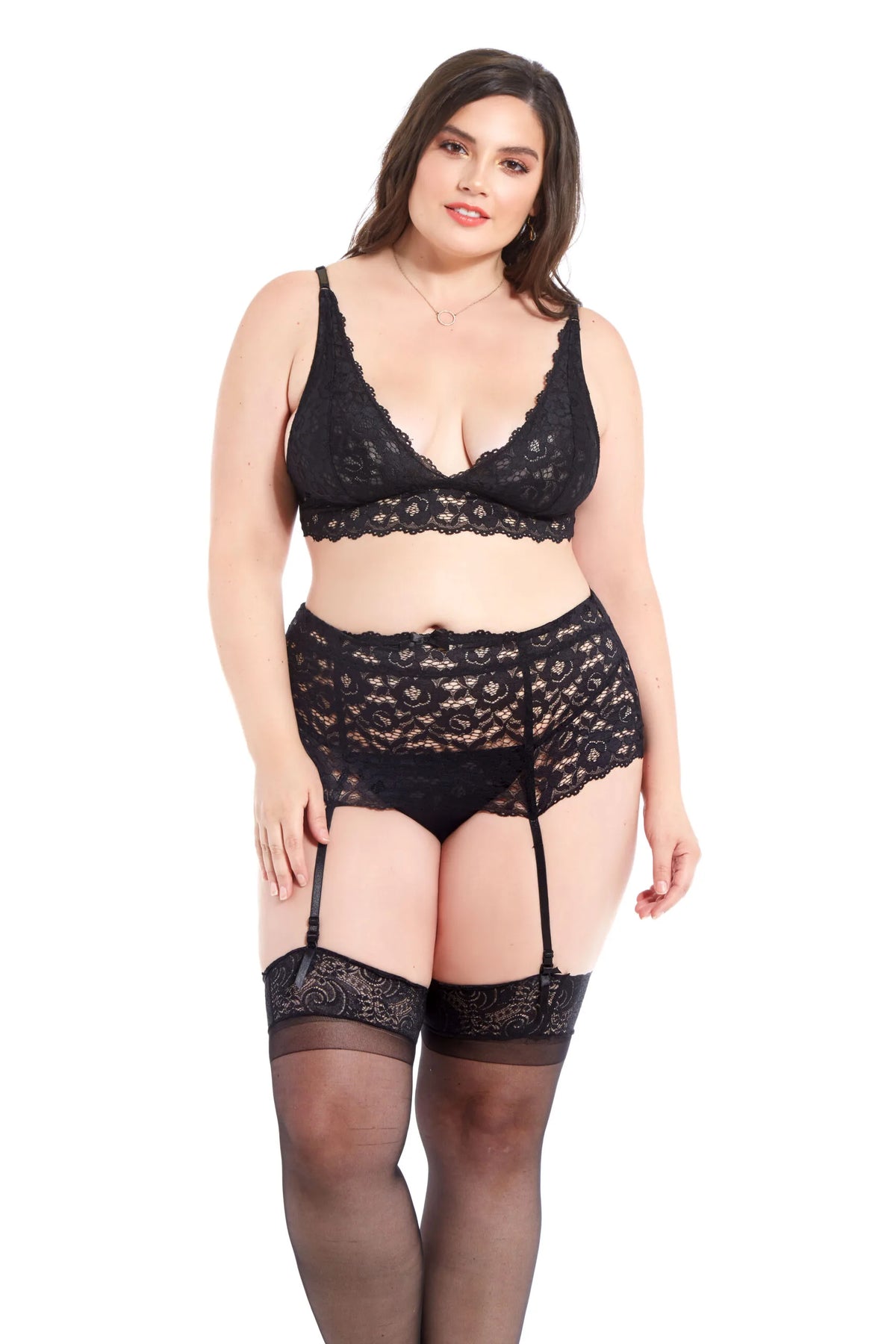 Rochelle Full-Coverage Lace Garter (shown with bra) at Belle Lacet Lingerie.