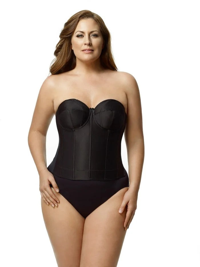 Woman wearing a black strapless bodysuit on a white background