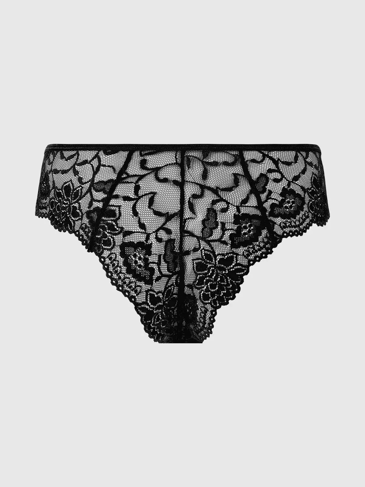 The Gigi Stretch Lace Keyhole Tanga. Black underwear on a white background.
