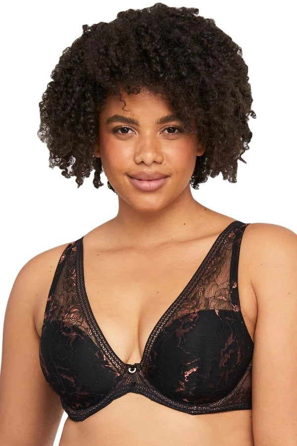 Woman wearing a Montelle Enchanted Mystique plunge bra with foam cups and stretch lace for a smooth, supportive fit