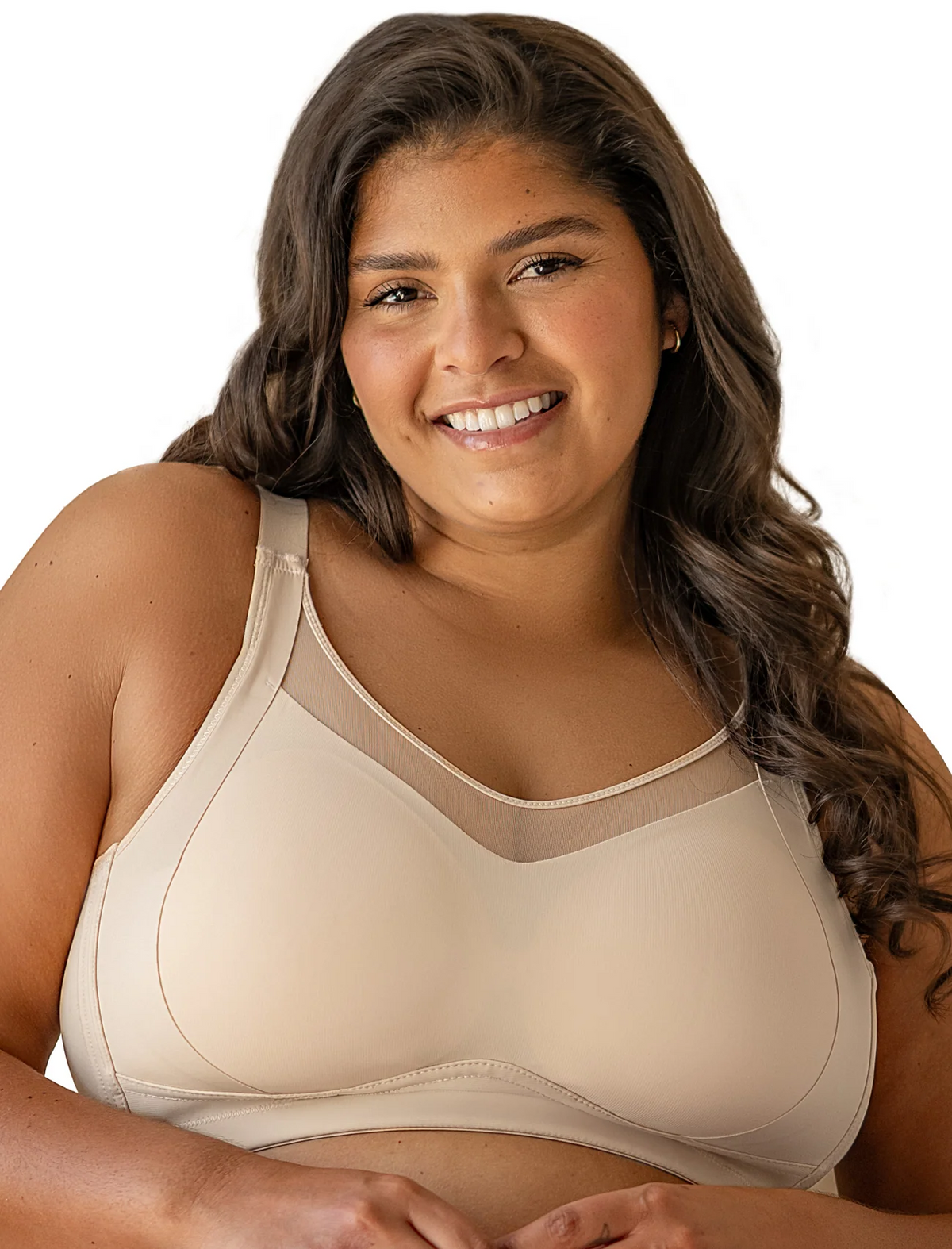 Woman wearing a beige bra on a white background
