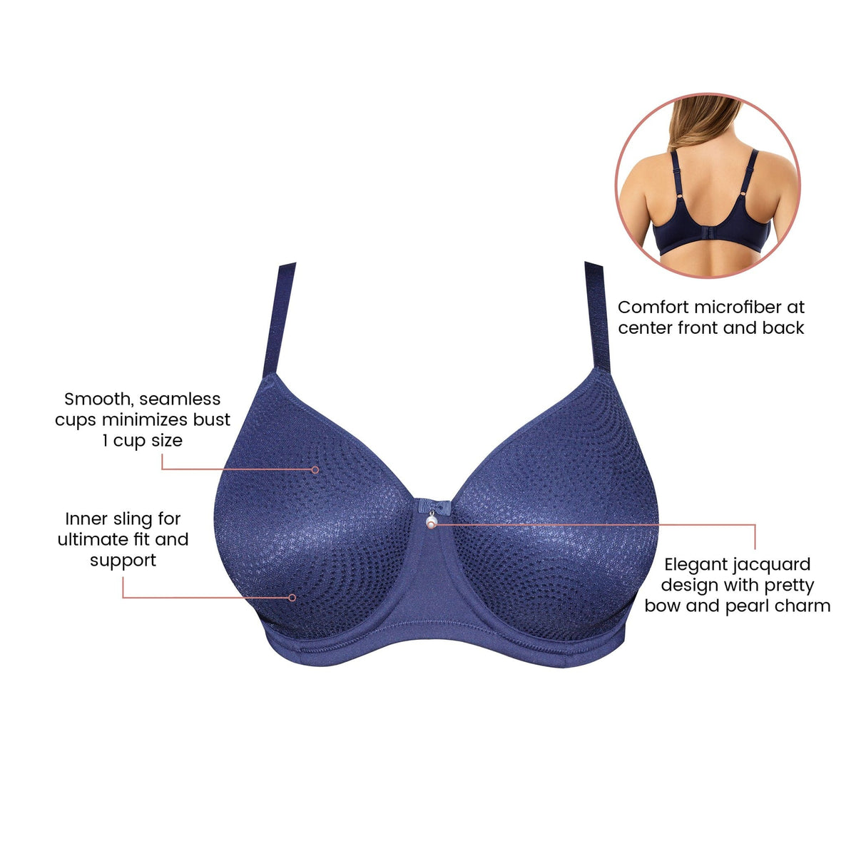 Woman wearing a navy minimizer bra with feature callouts showing seamless cups and supportive structure