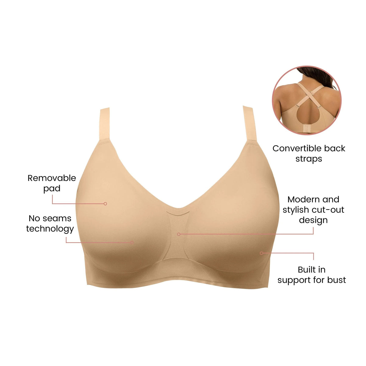 Beige bra with features highlighted on a white background
