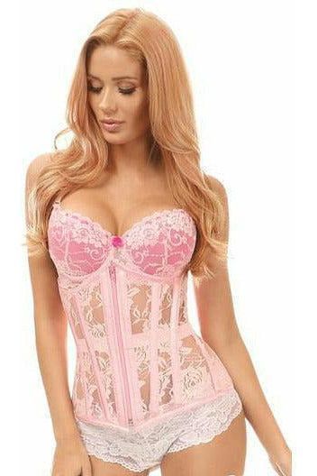 Lace underbust corset with front zipper, structured boning and adjustable lace-up back for waist cinching.