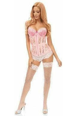 full front view of Lace underbust corset with front zipper, structured boning and adjustable lace-up back for waist cinching.