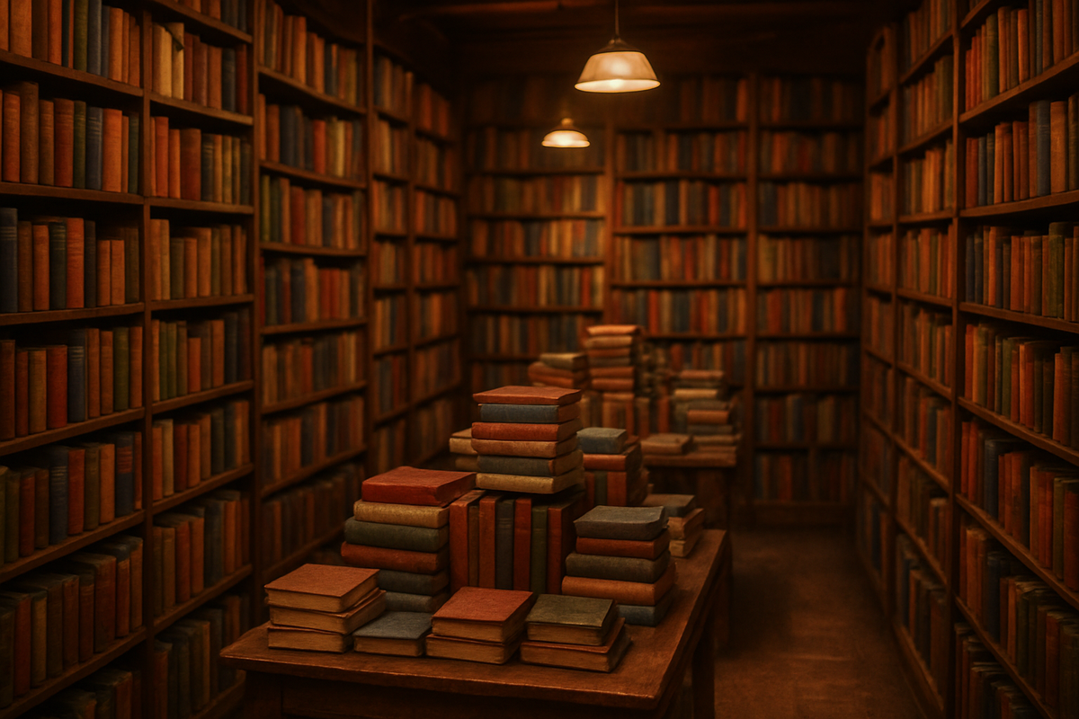 Lots of books in a shop with no visible titles. 