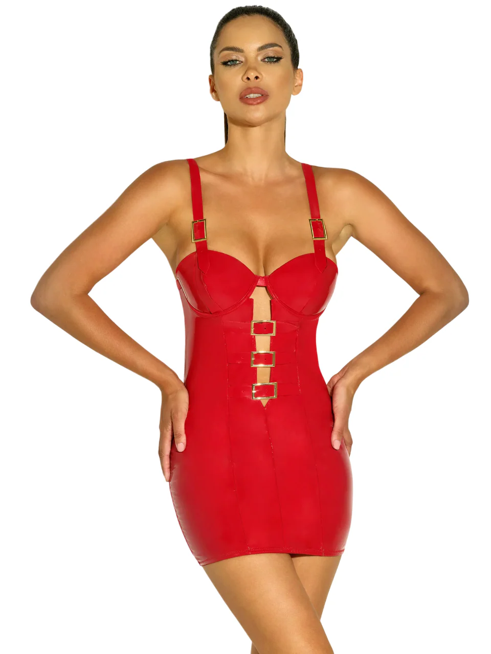 Woman wearing a red fitted vinyl babydoll dress with belt buckle detail and underwire cups