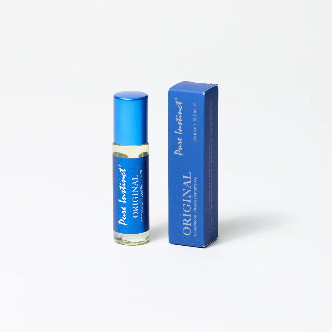 Blue perfume bottle and packaging on a white background