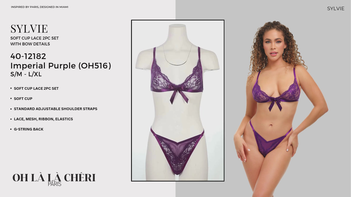 Video of a rotating mannequin wearing the  Sylvie 2 piece lace bra set in imperial purple with wireless bra, V-shaped thong, and ribbon accents