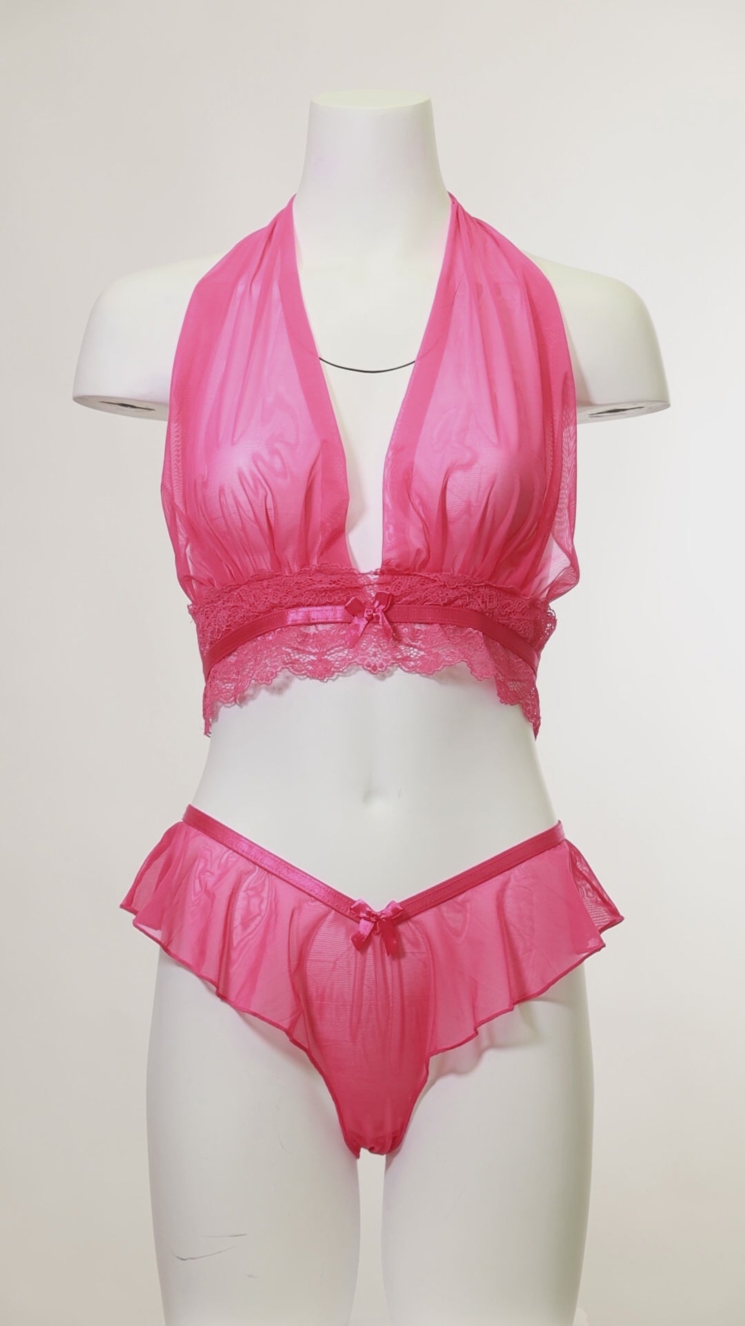 Mannequin wearing the Maylah 2-Piece Set with lace halter bralette and mesh tap shorts.