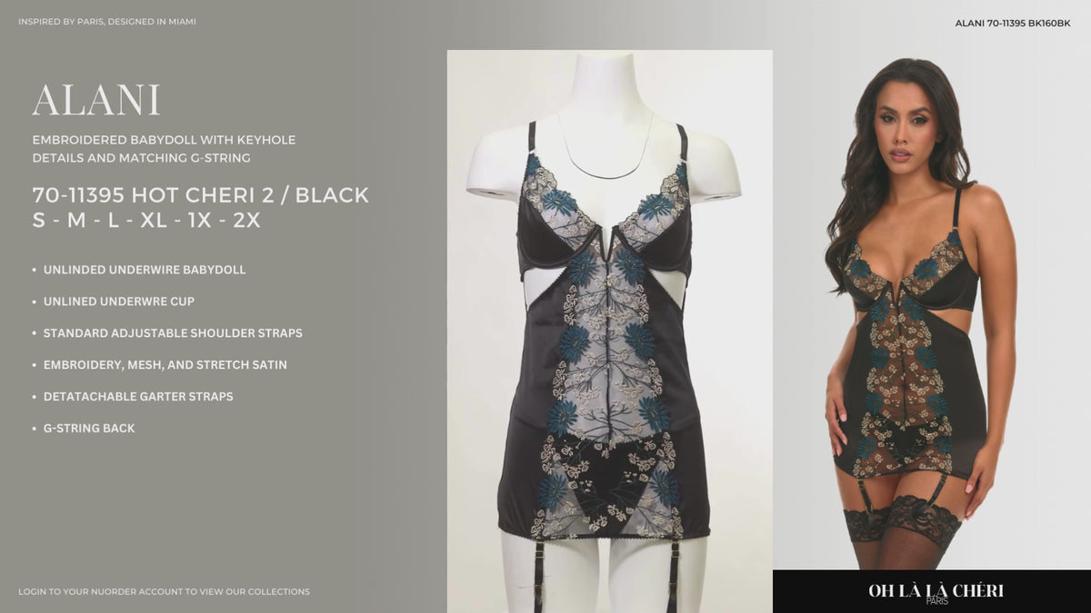 Alani Babydoll Plus by Belle Lacet with embroidered lace, underwire cups, and detachable garter straps for curves