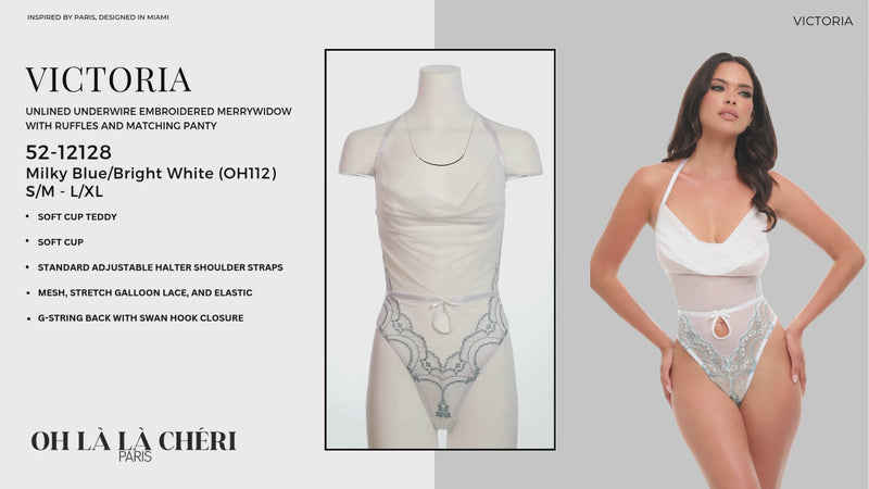 Woman wearing a Victoria sheer halter teddy in white and milky blue with cowl neckline, lace mesh, and G-string back