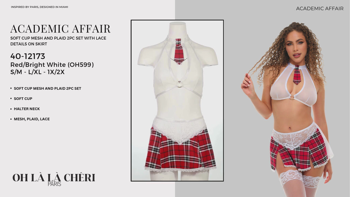 Video of a person wearing a white halter top, red plaid skirt, and glasses against a black background