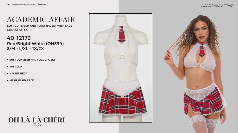 Video of a person wearing a white halter top, red plaid skirt, and glasses against a black background