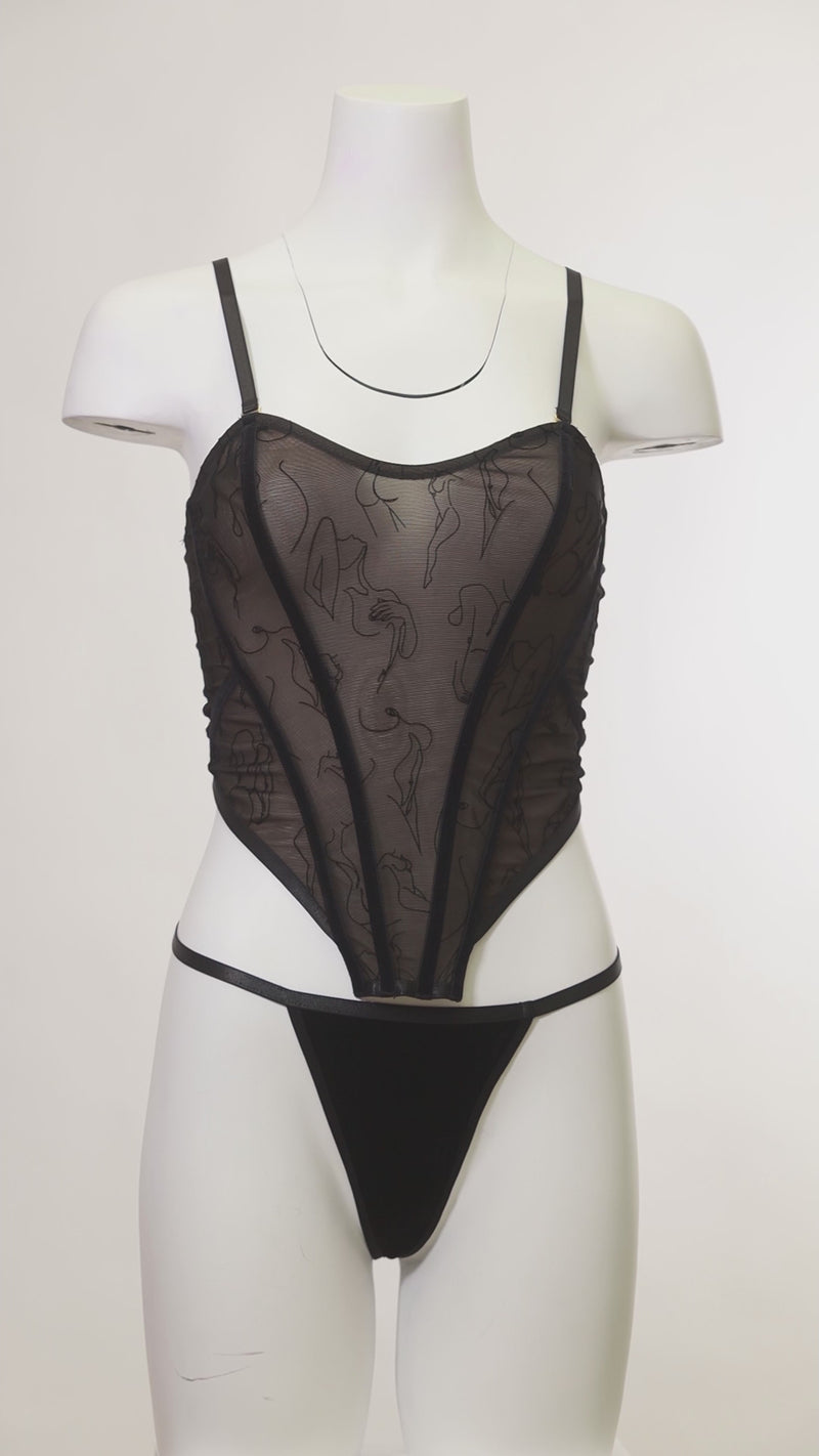 Mannequin wearing a plus sized Paris burnout velvet bustier set with boning inserts and matching velvet G-string 