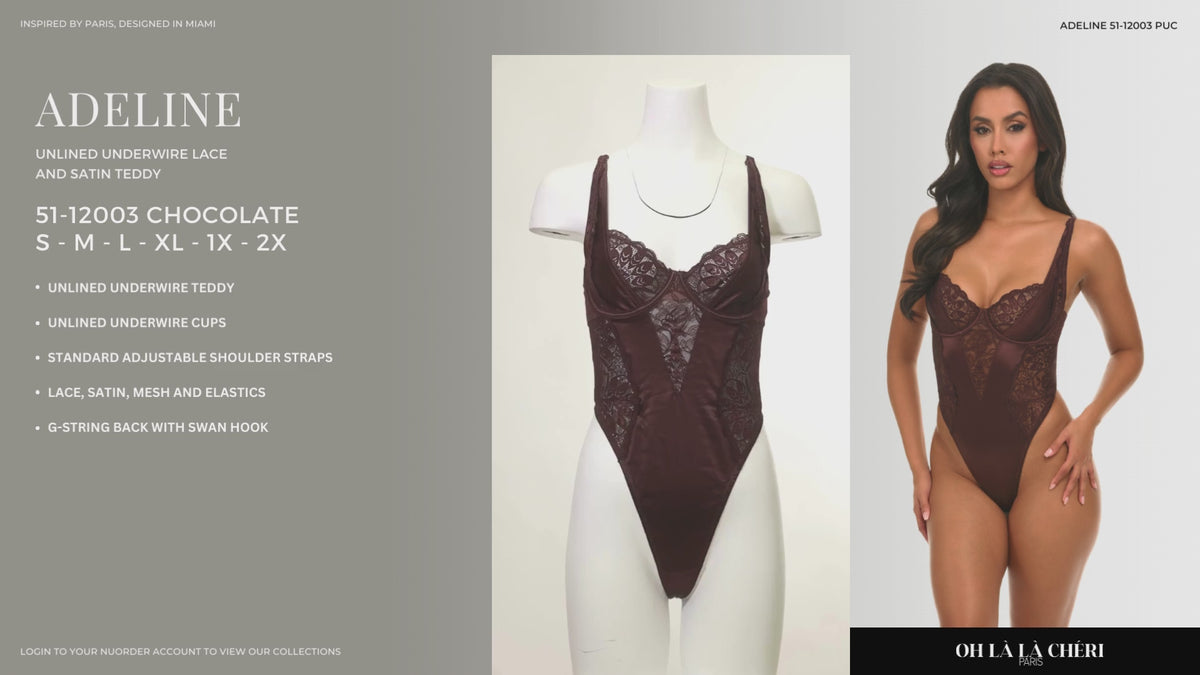 Adeline plus size satin and lace teddy by Belle Lacet with underwire cups and adjustable straps in brown