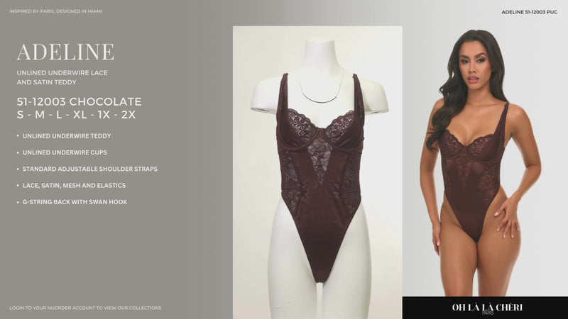 Adeline plus size satin and lace teddy by Belle Lacet with underwire cups and adjustable straps in brown
